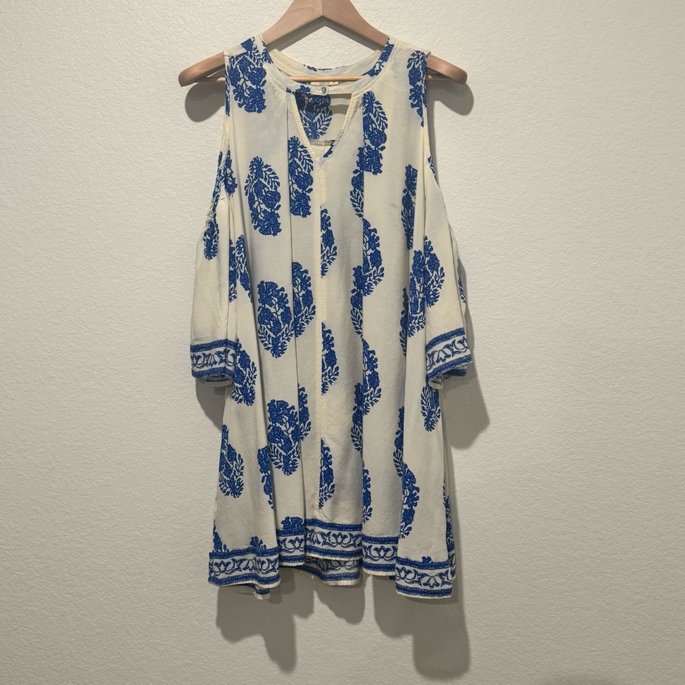 Kori Blue and Cream Floral Cold-Shoulder Boho Festival Tunic Midi Dress Size L